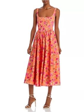 Wayf Orange Floral Square-Neck Midi Dress with Pink Accents